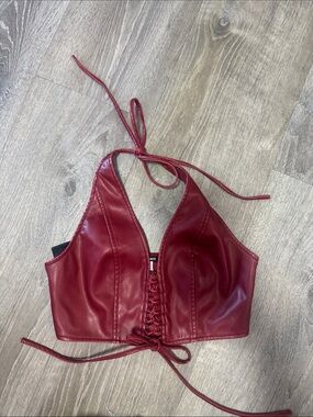 silence + noise Burgundy Faux Leather Halter Lace-Up Crop Top